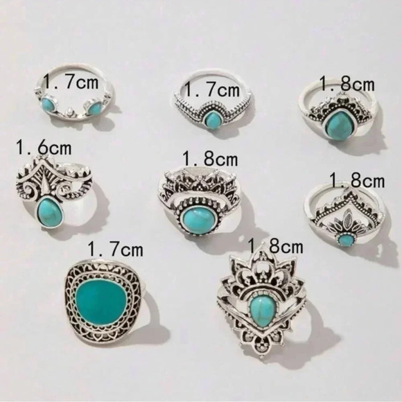 1 LEFT! 8 piece Silver & Turquoise Bohemian Ring Set - Picture 3 of 5